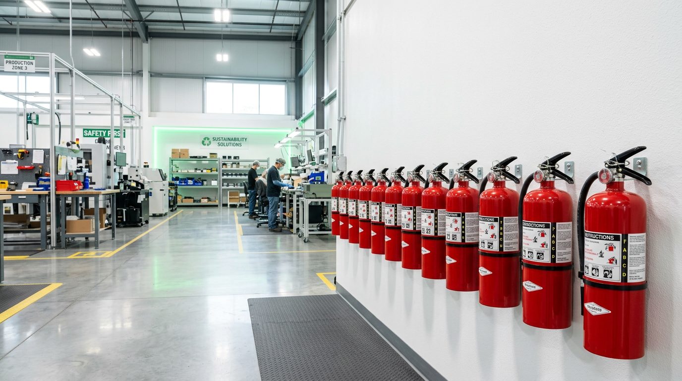 Reihe neuer roter Feuerlöscher in einer hellen, modernen Fertigungshalle