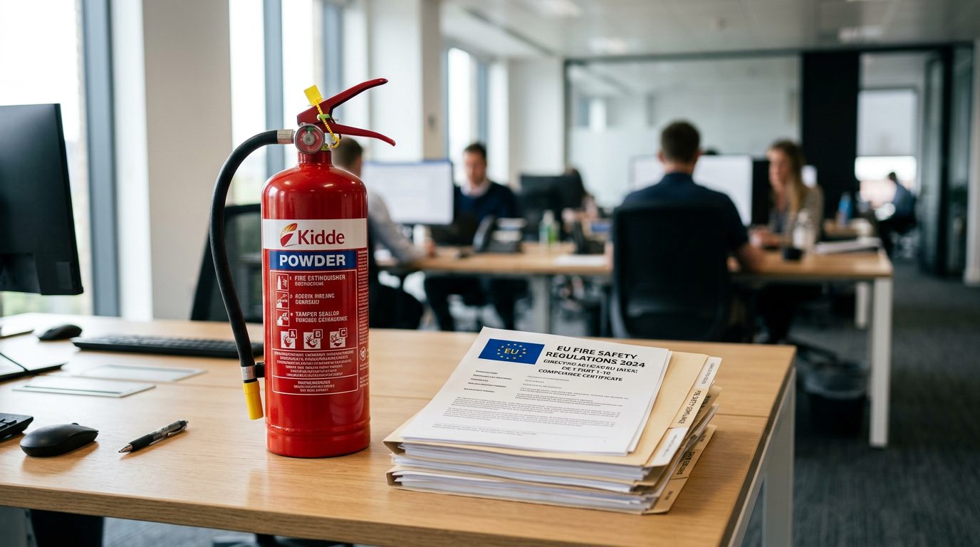 Roter Feuerlöscher neben amtlichen EU-Verordnungsunterlagen auf einem Schreibtisch