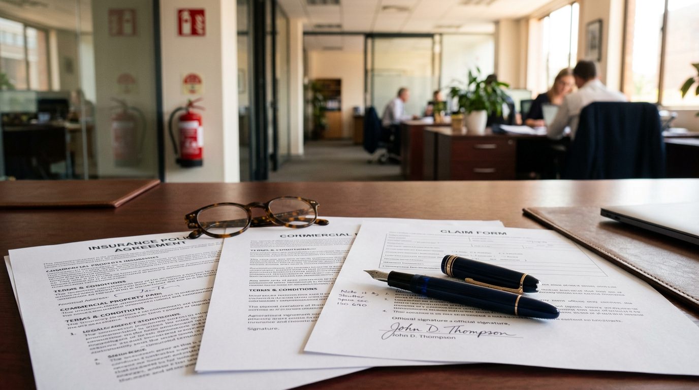 Versicherungsunterlagen mit Stift und Brille auf einem Bürotisch, im Hintergrund ein Feuerlöscher